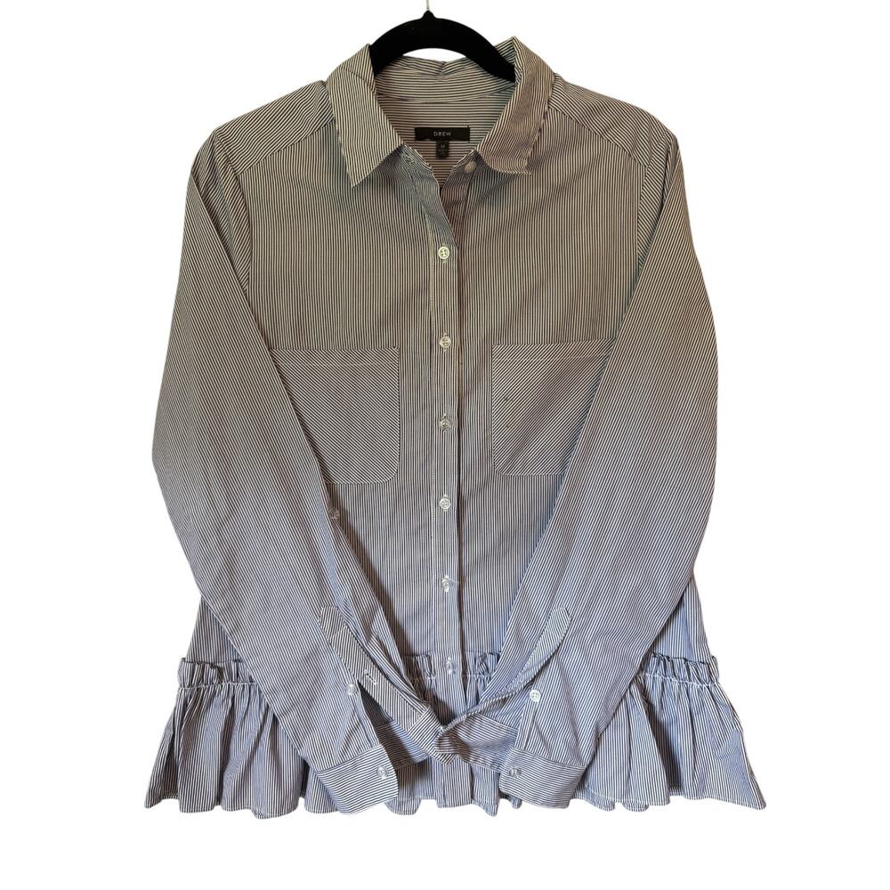 Drew Blue White Striped Ruffle Peplum Button Down Shirt M Flaw⁠